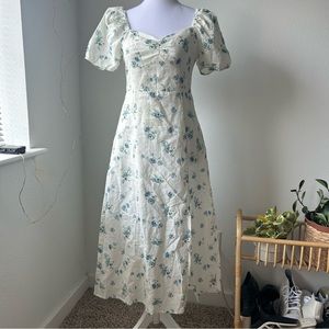 Floral Linen Sweetheart Midi Dress